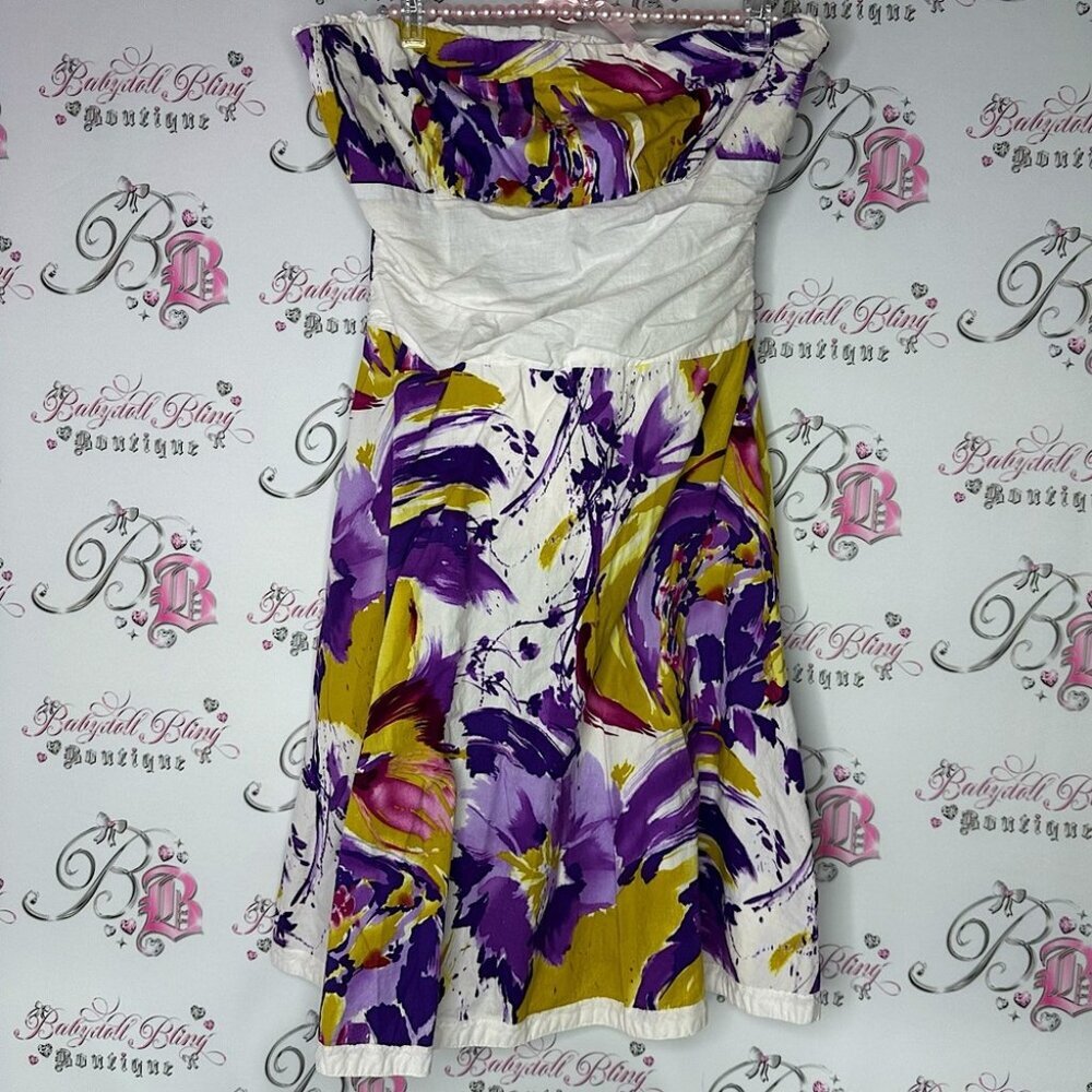 Y apparel USA Floral Strapless Dress in Purple Yellow watercolor flowers